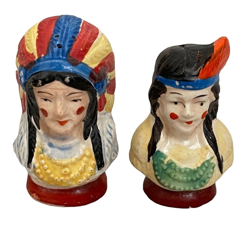 Vtg Salt & Pepper Shakers Porcelain Indian Heads Bust Native American 1940 50s